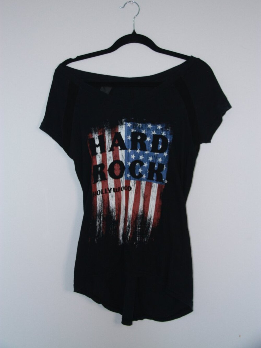 Hard Rock Hollywood American Flag print Women's Tee Loose Biker Grunge V neck